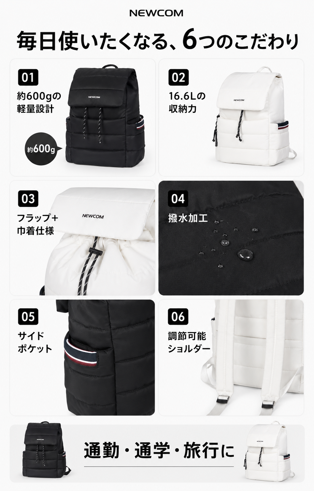 NEWCOMクラウドキルトリュックの6つの機能